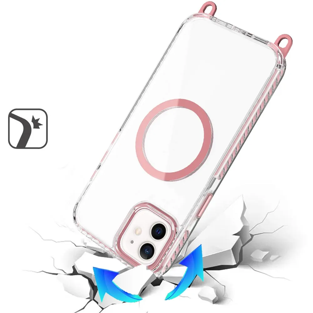 For Apple iPhone 15 Clear Magnetic Frame PC Back Shockproof Protective Case with Detachable Lanyard Strap, Compatible with MagSafe Case Cover