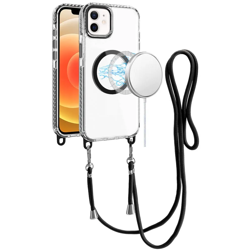 For Apple iPhone 15 Clear Magnetic Frame PC Back Shockproof Protective Case with Detachable Lanyard Strap, Compatible with MagSafe Case Cover