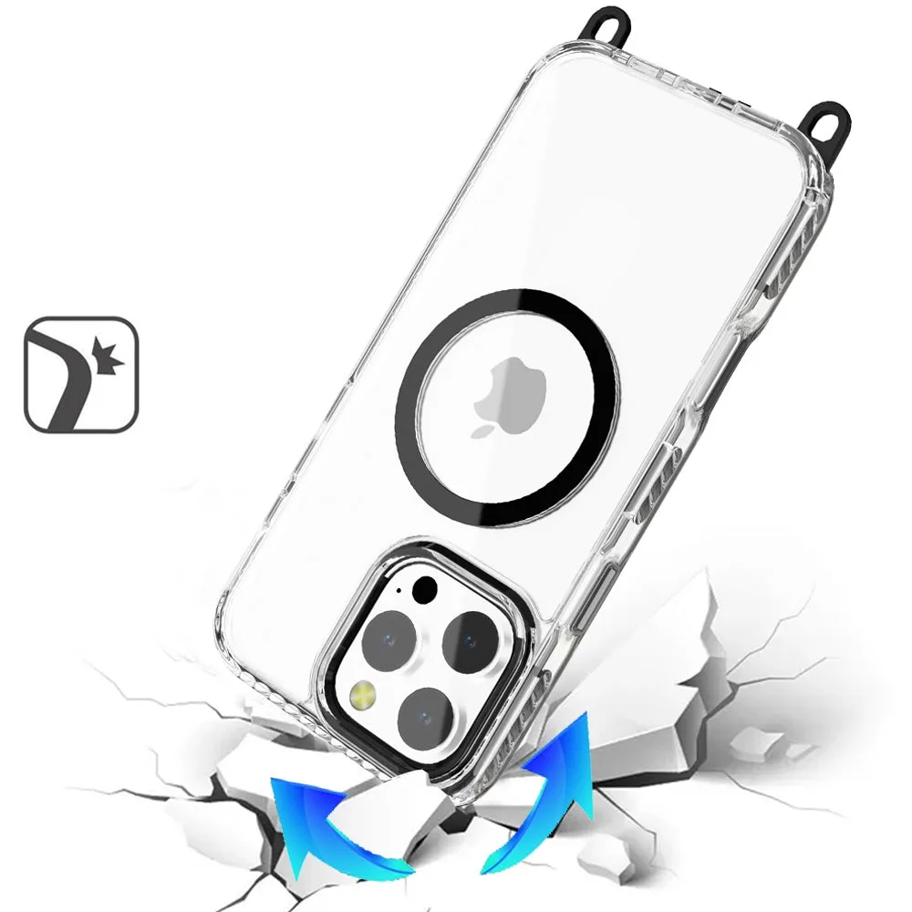 For Apple iPhone 15 Clear Magnetic Frame PC Back Shockproof Protective Case with Detachable Lanyard Strap, Compatible with MagSafe Case Cover