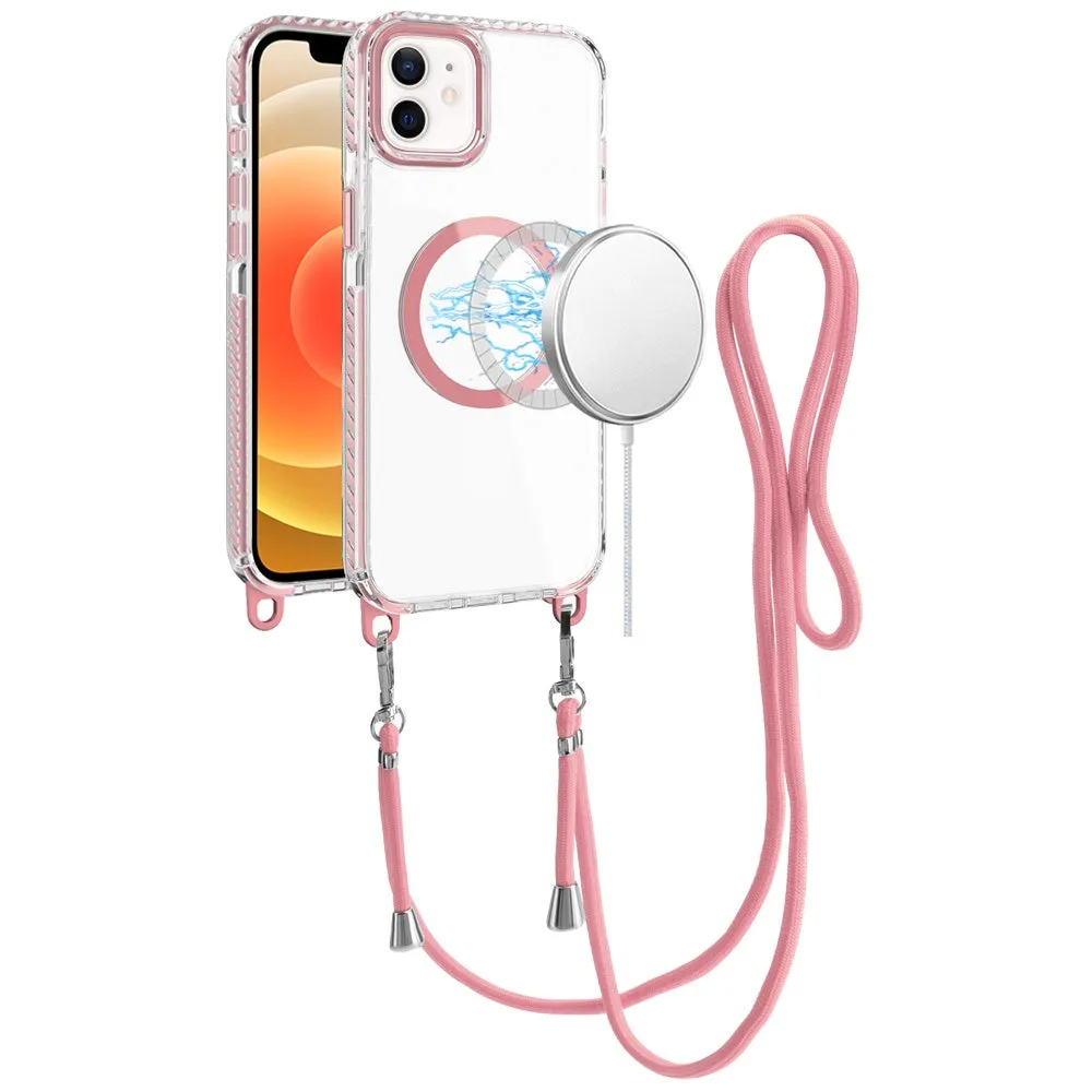 For Apple iPhone 15 Clear Magnetic Frame PC Back Shockproof Protective Case with Detachable Lanyard Strap, Compatible with MagSafe Case Cover