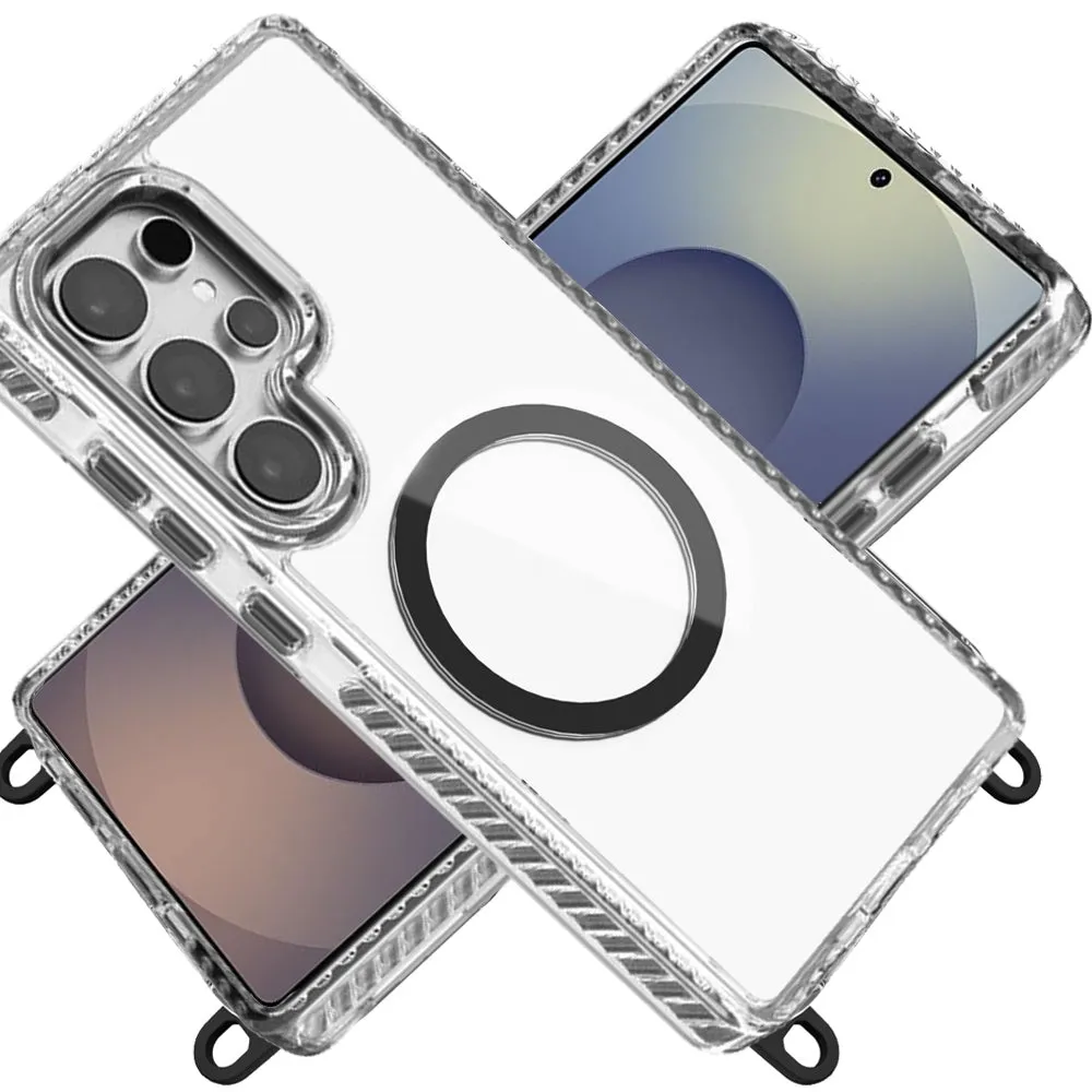 For Apple iPhone 15 Clear Magnetic Frame PC Back Shockproof Protective Case with Detachable Lanyard Strap, Compatible with MagSafe Case Cover