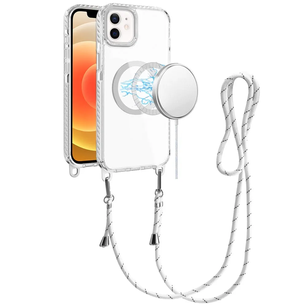 For Apple iPhone 15 Clear Magnetic Frame PC Back Shockproof Protective Case with Detachable Lanyard Strap, Compatible with MagSafe Case Cover