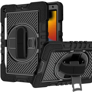 For Hybrid 3in1 Multi-Functional Shockproof Tablet Case with Hand, Shoulder Strap, Pencil & Stand Holder Black Tablet Case Cover