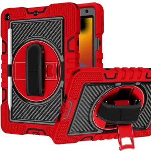 For Hybrid 3in1 Multi-Functional Shockproof Tablet Case with Hand, Shoulder Strap, Pencil & Stand Holder Red Black Tablet Case Cover