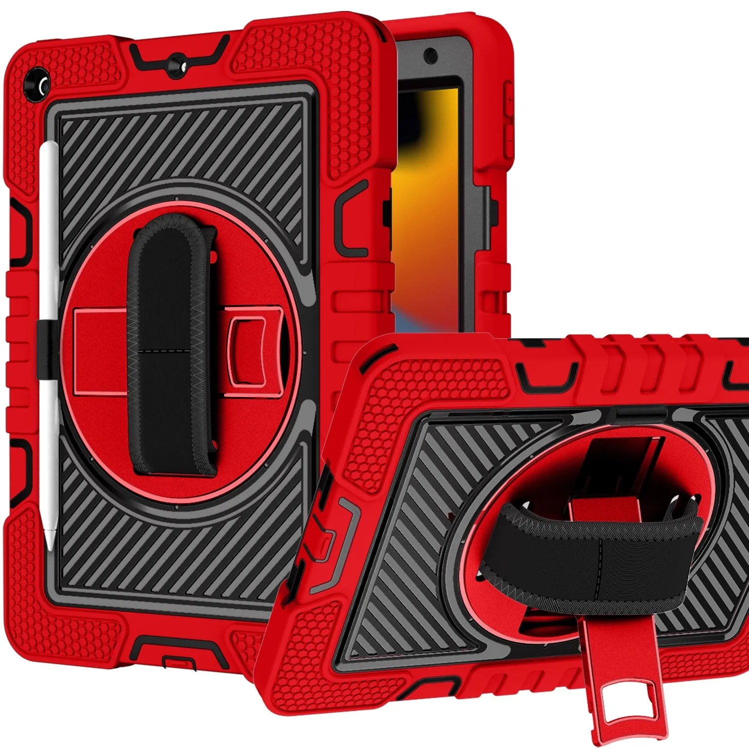 For Hybrid 3in1 Multi-Functional Shockproof Tablet Case with Hand, Shoulder Strap, Pencil & Stand Holder Red Black Tablet Case Cover