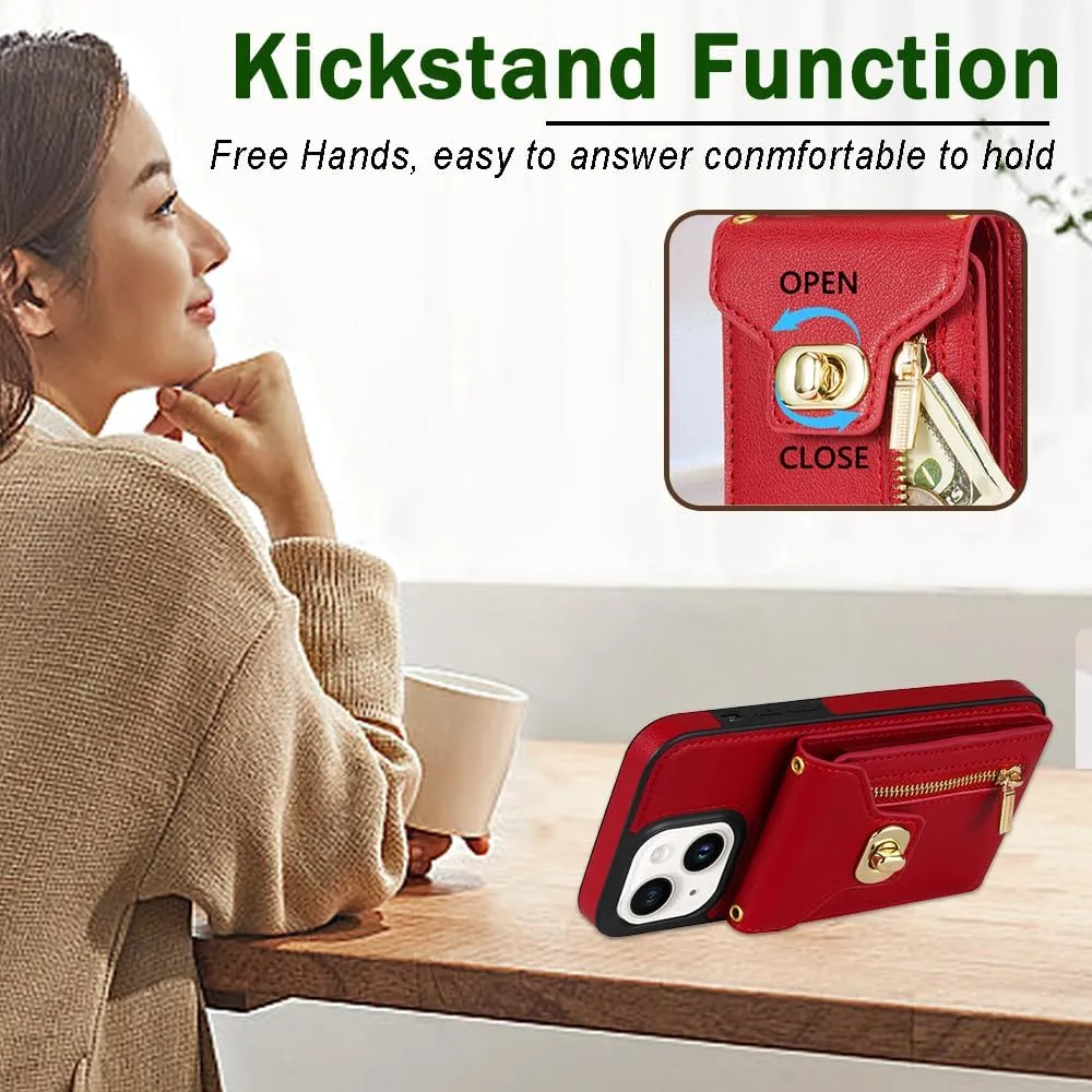 for iPhone 15 Wallet Case with Card Holder, Crossbody Protective Leather Handbag Purse Case Phone Cover with Credit Card Slot Zipper Kickstand Shoulder Strap for iPhone 15 6.1inch, Red