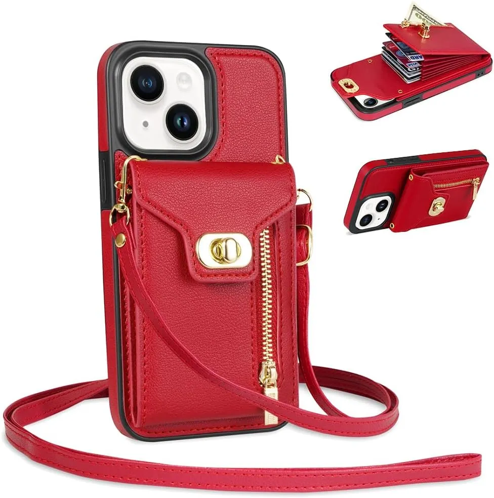 for iPhone 15 Wallet Case with Card Holder, Crossbody Protective Leather Handbag Purse Case Phone Cover with Credit Card Slot Zipper Kickstand Shoulder Strap for iPhone 15 6.1inch, Red