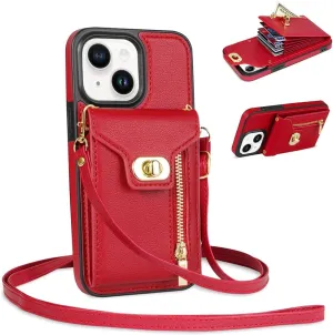 for iPhone 15 Wallet Case with Card Holder, Crossbody Protective Leather Handbag Purse Case Phone Cover with Credit Card Slot Zipper Kickstand Shoulder Strap for iPhone 15 6.1inch, Red