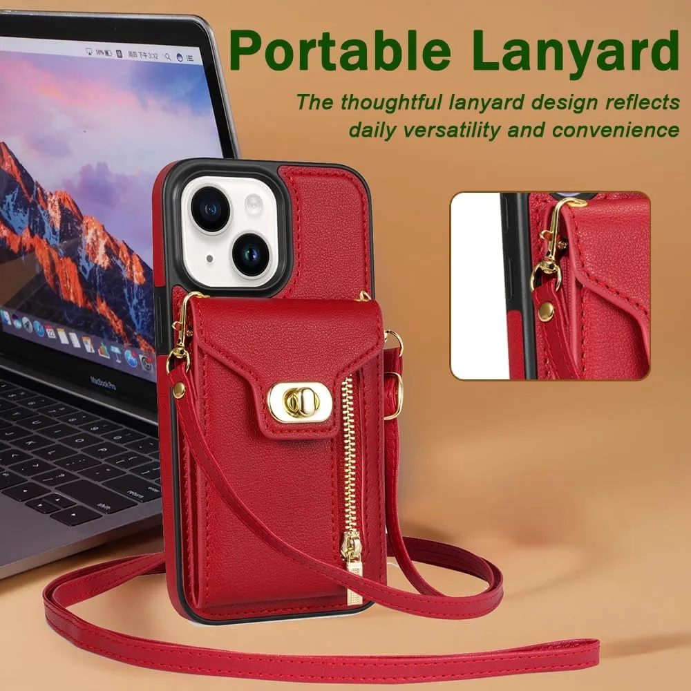 for iPhone 15 Wallet Case with Card Holder, Crossbody Protective Leather Handbag Purse Case Phone Cover with Credit Card Slot Zipper Kickstand Shoulder Strap for iPhone 15 6.1inch, Red