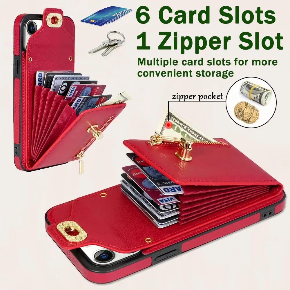 for iPhone 15 Wallet Case with Card Holder, Crossbody Protective Leather Handbag Purse Case Phone Cover with Credit Card Slot Zipper Kickstand Shoulder Strap for iPhone 15 6.1inch, Red
