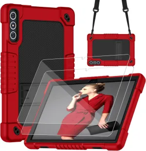 for KADYBE D106 for MEIZE D106 Android 14 Tablet Case with 2 Pcs Screen Protector,Shoulder Strap,Kiskctand Hybrid Case for VOZIZOV D106 Android 14/FEONAL 10.1 inch 2024 Tablet (RedBlack 2Pcs)