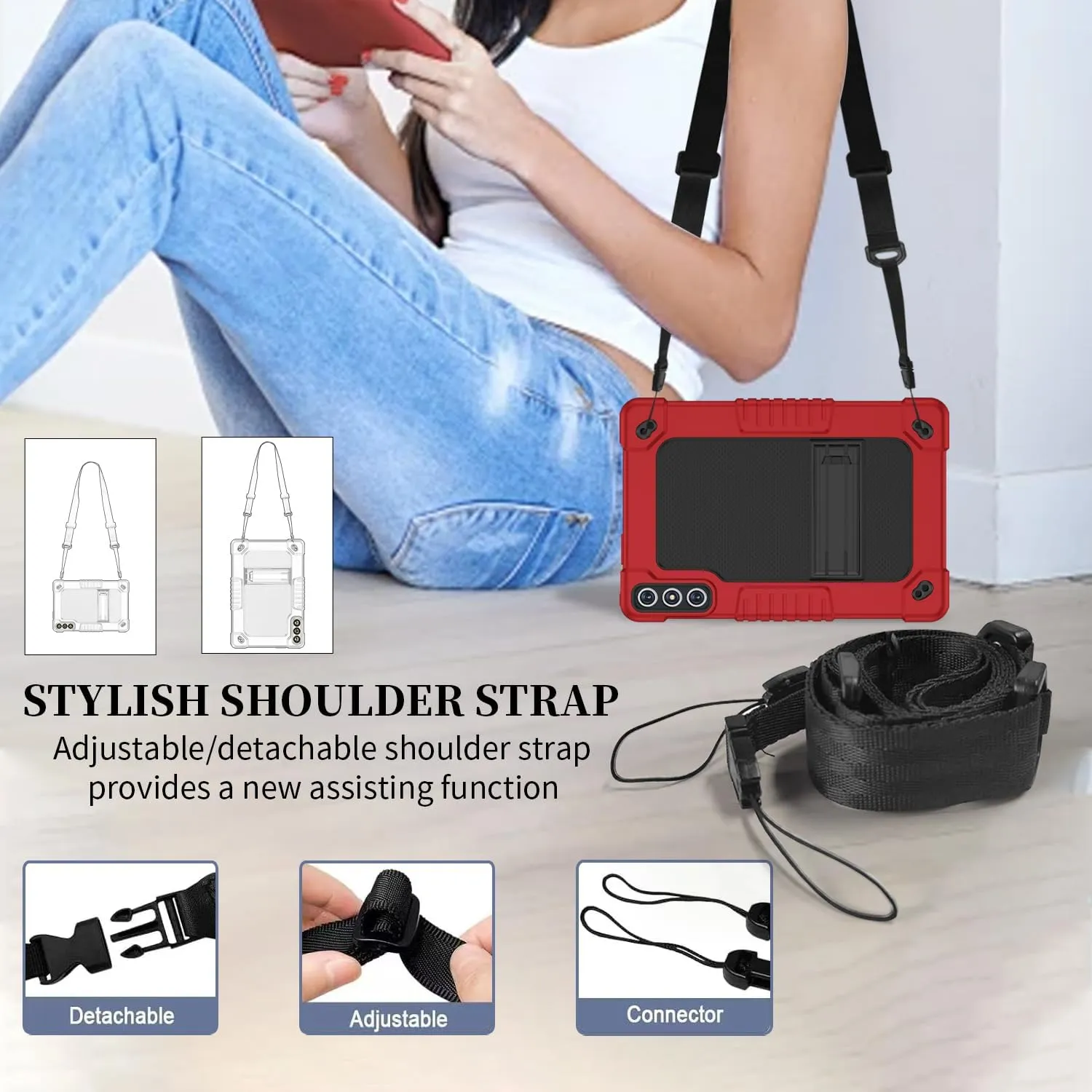 for KADYBE D106 for MEIZE D106 Android 14 Tablet Case with 2 Pcs Screen Protector,Shoulder Strap,Kiskctand Hybrid Case for VOZIZOV D106 Android 14/FEONAL 10.1 inch 2024 Tablet (RedBlack 2Pcs)