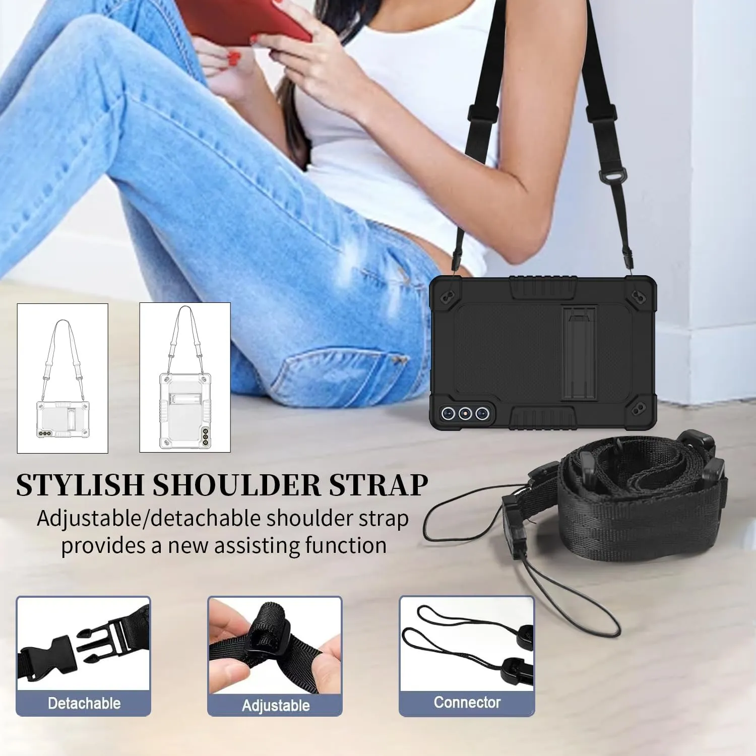 for KADYBE D106/FEONAL D106/MEIZE D106 10.1 Inch Tablet Case Shockproof Kids Hybrid with Shoulder Strap for KADYBE D106/MEIZE D106/VOZIZOV D106/FEONAL Android 14 10 inch Tablet (Black)