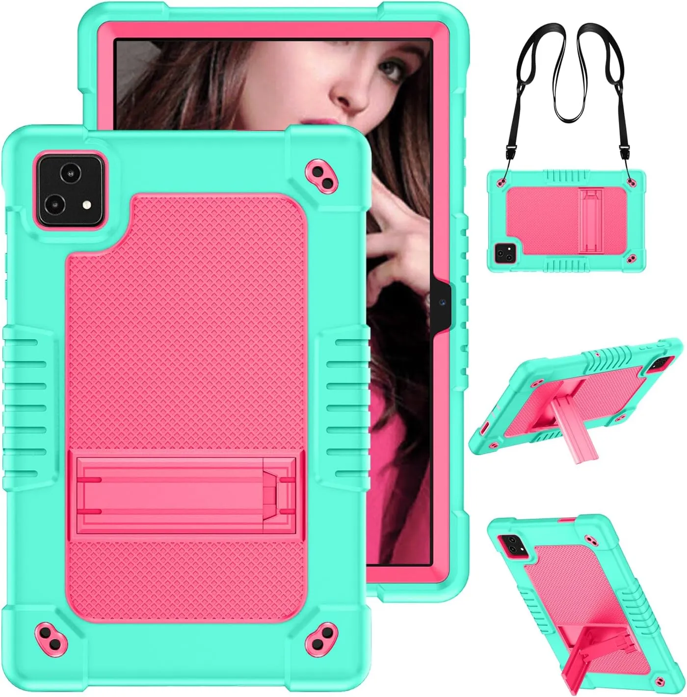 for Revvl Tab 5G Tablet Case,for Revvl Tab 5G Case for Kids,Heavy Duty Shoulder Strap Silicone&Hard Back Shockproof Kids Protective Case for REVVL TAB 5G 10.36 inch 2023(Green/Pink)