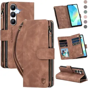 for Samsung Galaxy A16-5G-Wallet Case: with RFID Blocking Card Slots (6 Cards) | Soft PU Leather Magnetic Snap Zipper Pocket | Crossbody Wrist Strap Protective Phone Cover - Brown