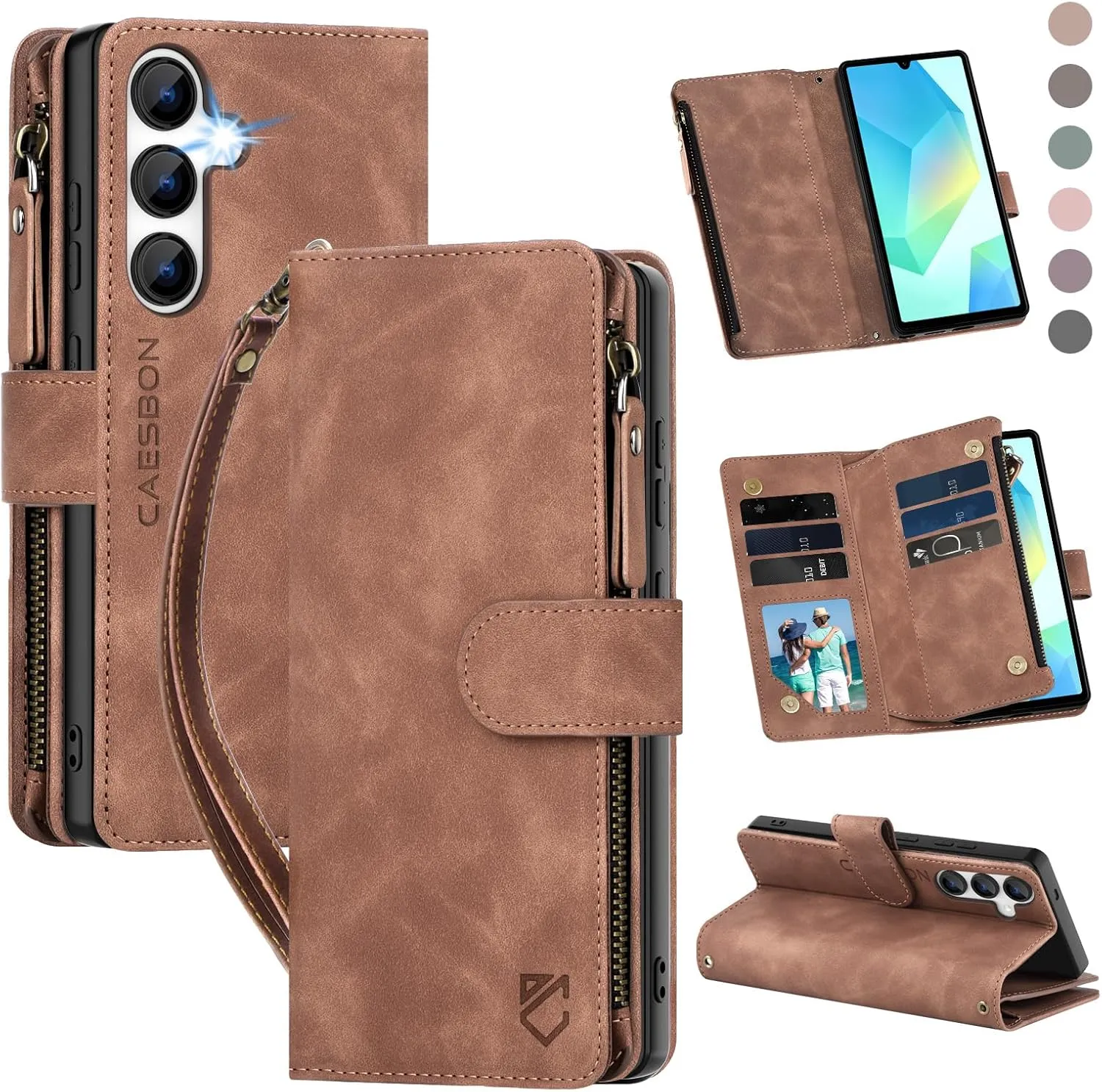 for Samsung Galaxy A16-5G-Wallet Case: with RFID Blocking Card Slots (6 Cards) | Soft PU Leather Magnetic Snap Zipper Pocket | Crossbody Wrist Strap Protective Phone Cover - Brown