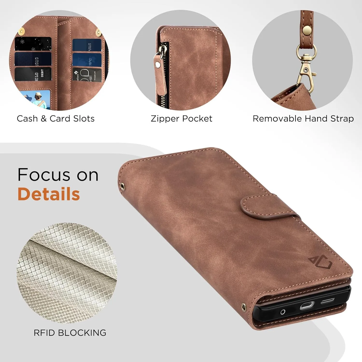 for Samsung Galaxy A16-5G-Wallet Case: with RFID Blocking Card Slots (6 Cards) | Soft PU Leather Magnetic Snap Zipper Pocket | Crossbody Wrist Strap Protective Phone Cover - Brown