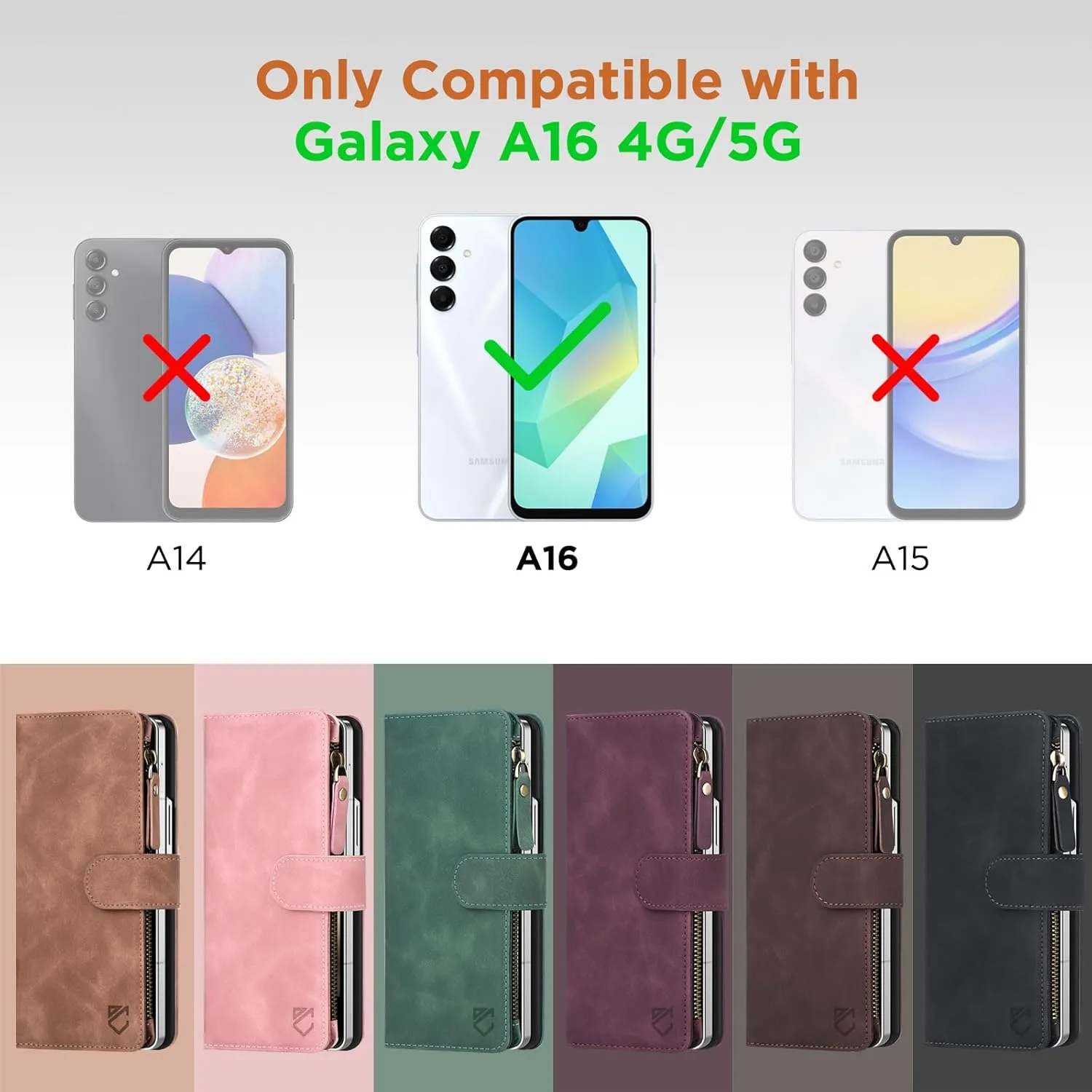 for Samsung Galaxy A16-5G-Wallet Case: with RFID Blocking Card Slots (6 Cards) | Soft PU Leather Magnetic Snap Zipper Pocket | Crossbody Wrist Strap Protective Phone Cover - Brown