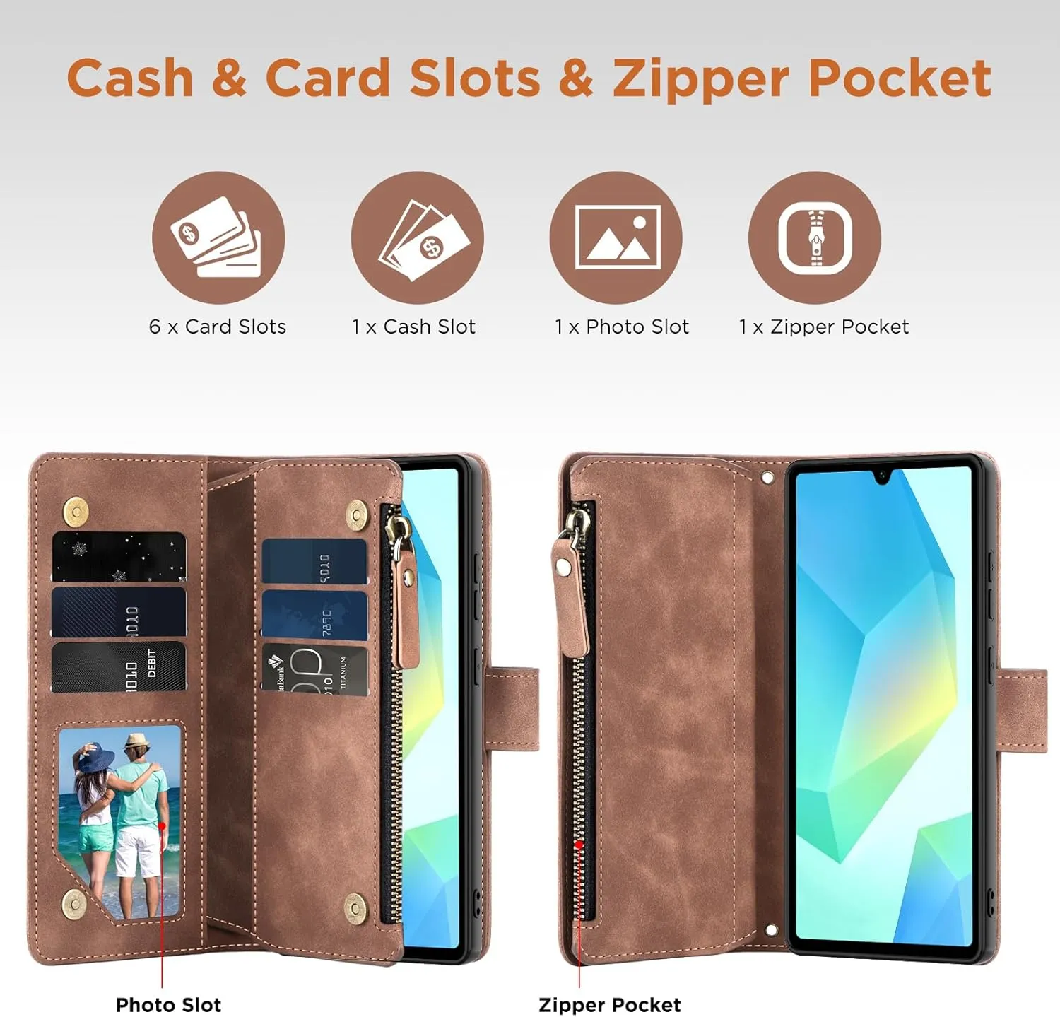 for Samsung Galaxy A16-5G-Wallet Case: with RFID Blocking Card Slots (6 Cards) | Soft PU Leather Magnetic Snap Zipper Pocket | Crossbody Wrist Strap Protective Phone Cover - Brown