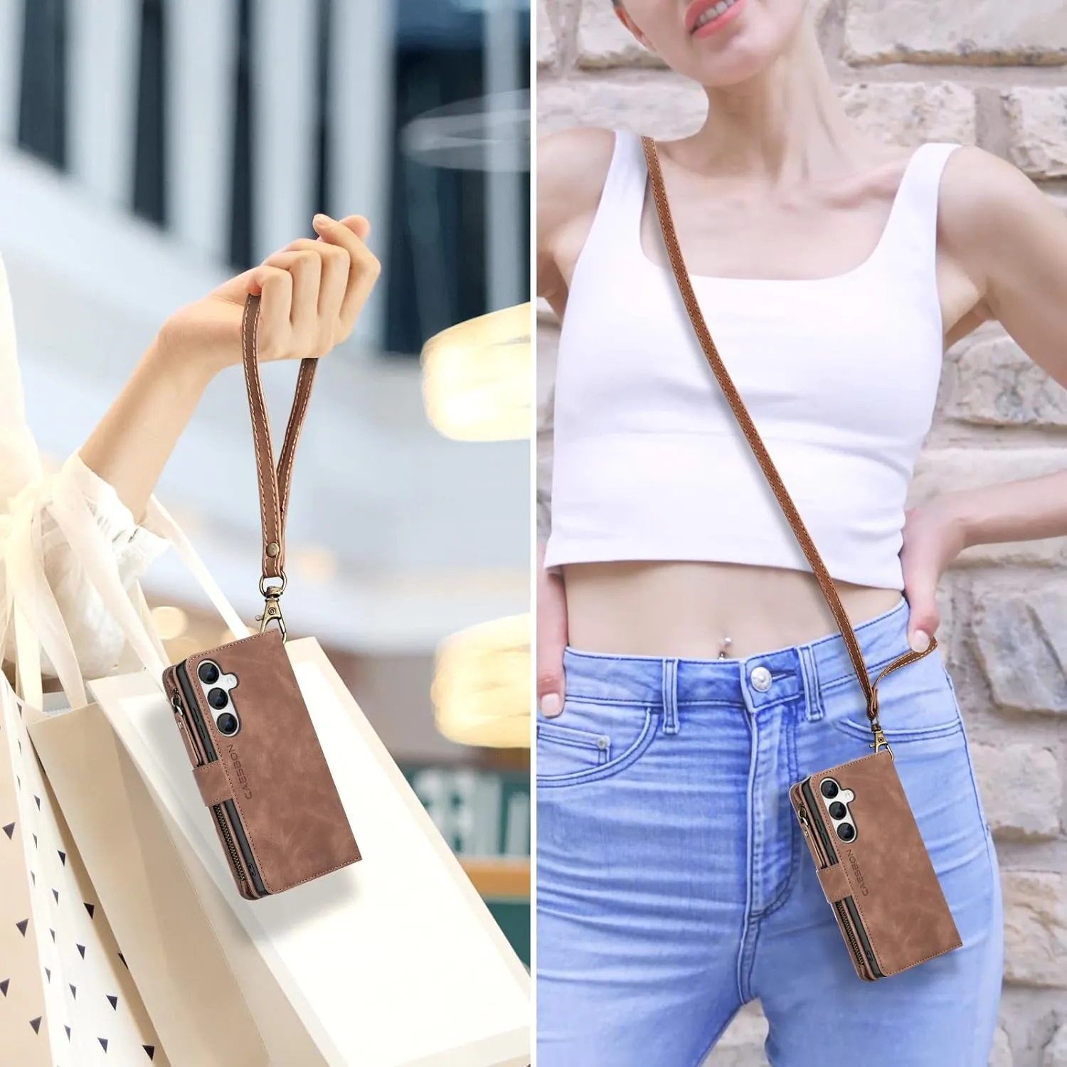 for Samsung Galaxy A16-5G-Wallet Case: with RFID Blocking Card Slots (6 Cards) | Soft PU Leather Magnetic Snap Zipper Pocket | Crossbody Wrist Strap Protective Phone Cover - Brown