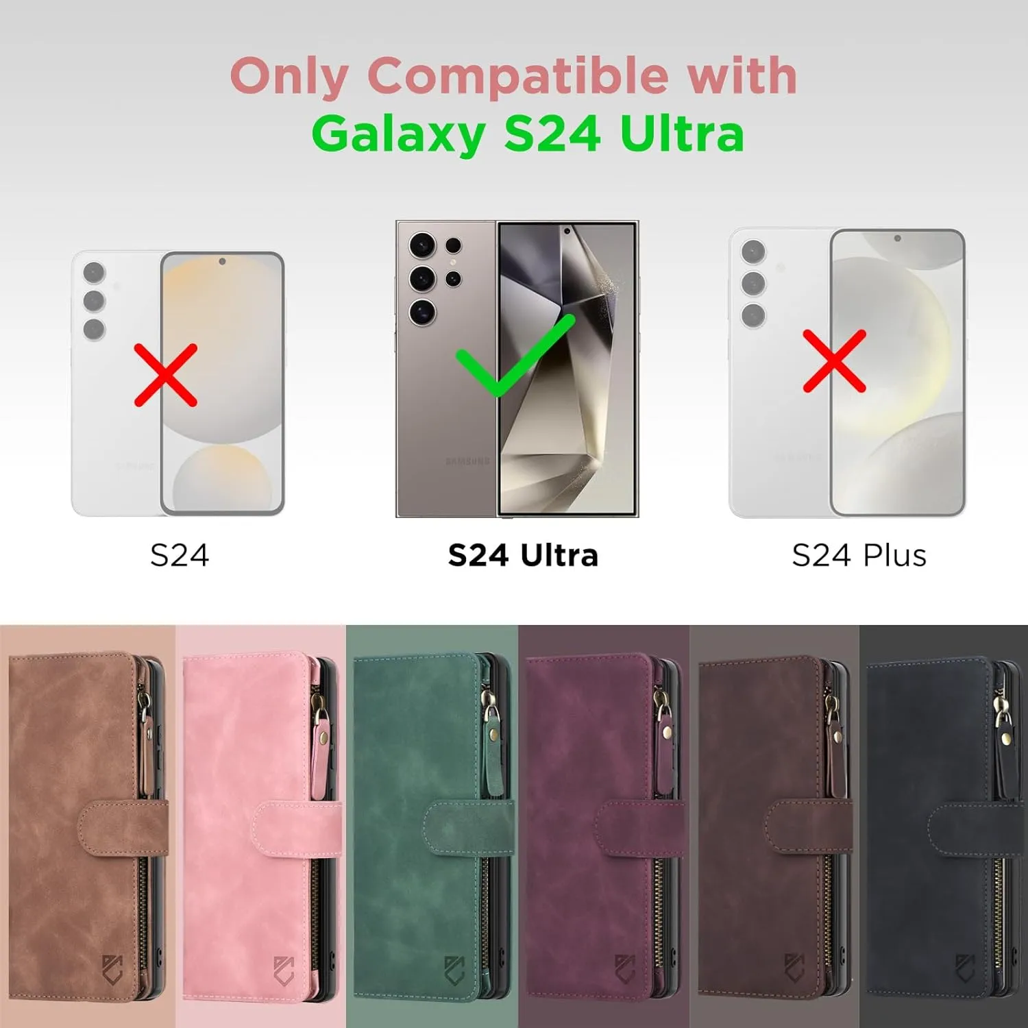 for Samsung Galaxy S24-Ultra-Wallet Case: with RFID Blocking Card Slots (6 Cards) | Soft PU Leather Magnetic Snap Zipper Pocket | Crossbody Wrist Strap Protective Phone Cover - Pink