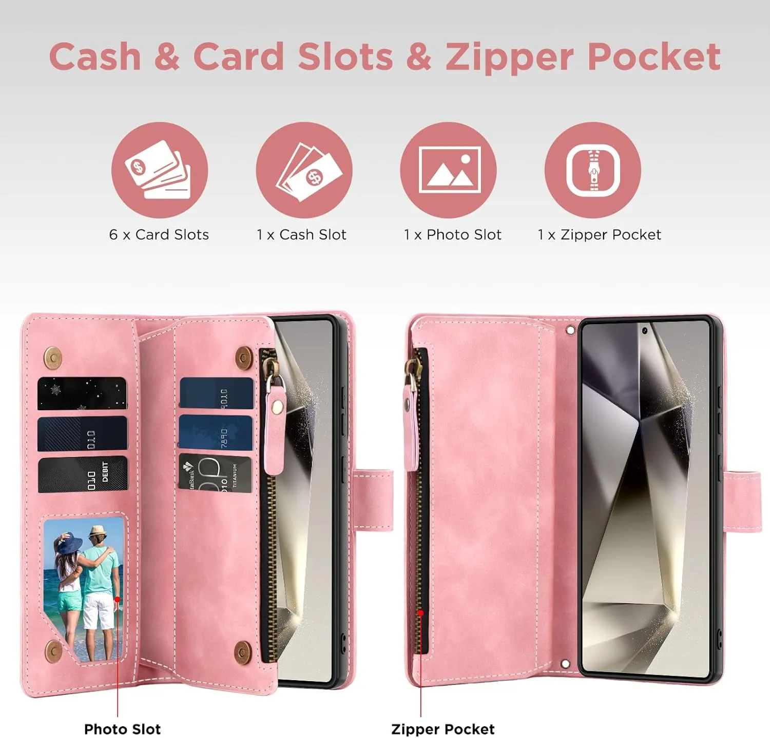 for Samsung Galaxy S24-Ultra-Wallet Case: with RFID Blocking Card Slots (6 Cards) | Soft PU Leather Magnetic Snap Zipper Pocket | Crossbody Wrist Strap Protective Phone Cover - Pink