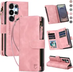 for Samsung Galaxy S25-Ultra-Wallet Case: with RFID Blocking Card Slots (6 Cards) | Soft PU Leather Magnetic Snap Zipper Pocket | Crossbody Wrist Strap Protective Phone Cover - Pink