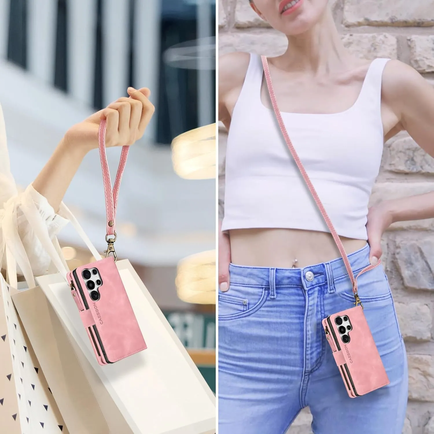 for Samsung Galaxy S25-Ultra-Wallet Case: with RFID Blocking Card Slots (6 Cards) | Soft PU Leather Magnetic Snap Zipper Pocket | Crossbody Wrist Strap Protective Phone Cover - Pink