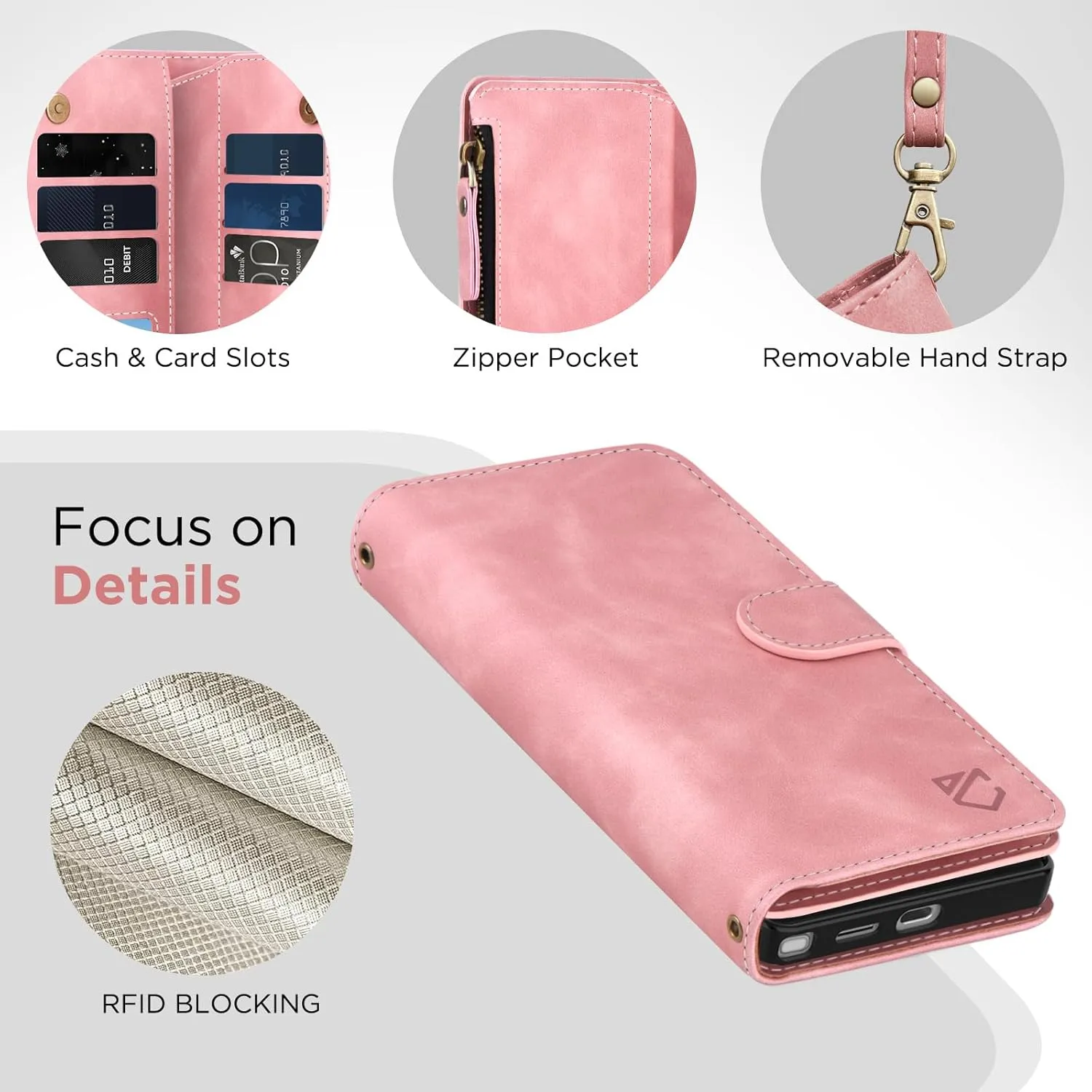 for Samsung Galaxy S25-Ultra-Wallet Case: with RFID Blocking Card Slots (6 Cards) | Soft PU Leather Magnetic Snap Zipper Pocket | Crossbody Wrist Strap Protective Phone Cover - Pink