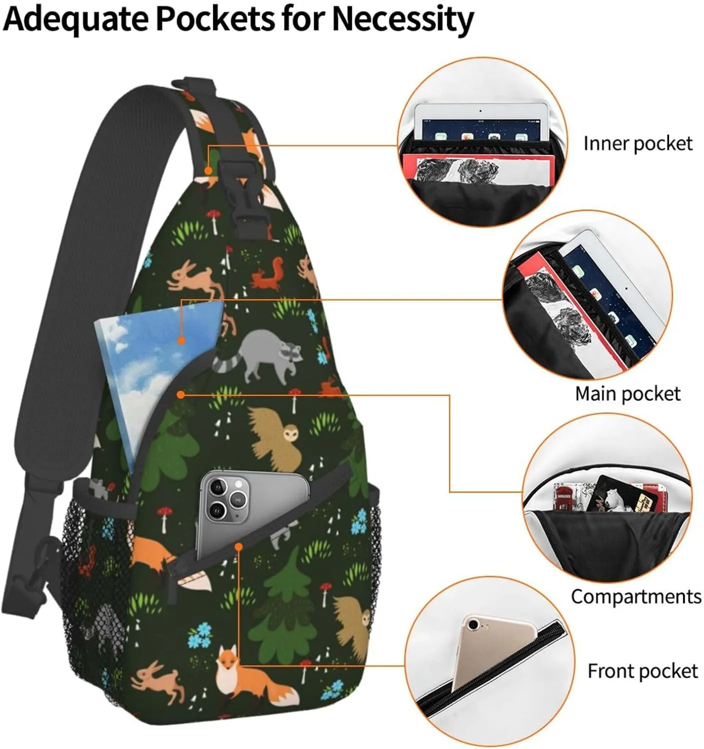 Forest Fox Owl Raccoon Sling Bag for Women Mens Crossbody Backpack Cycling Hiking Daypack Chest Shoulder Bag with Adjustable Strap