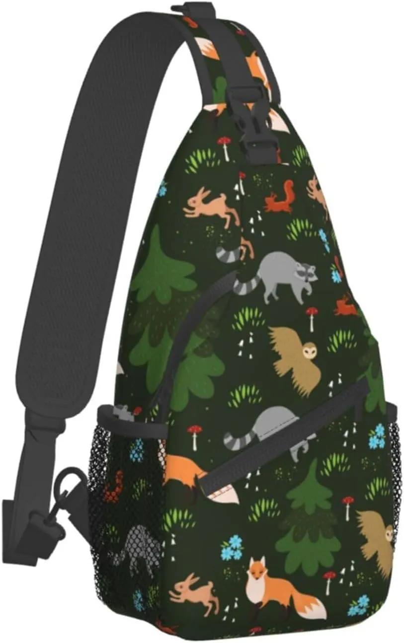 Forest Fox Owl Raccoon Sling Bag for Women Mens Crossbody Backpack Cycling Hiking Daypack Chest Shoulder Bag with Adjustable Strap