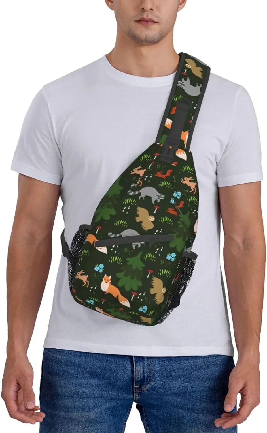 Forest Fox Owl Raccoon Sling Bag for Women Mens Crossbody Backpack Cycling Hiking Daypack Chest Shoulder Bag with Adjustable Strap
