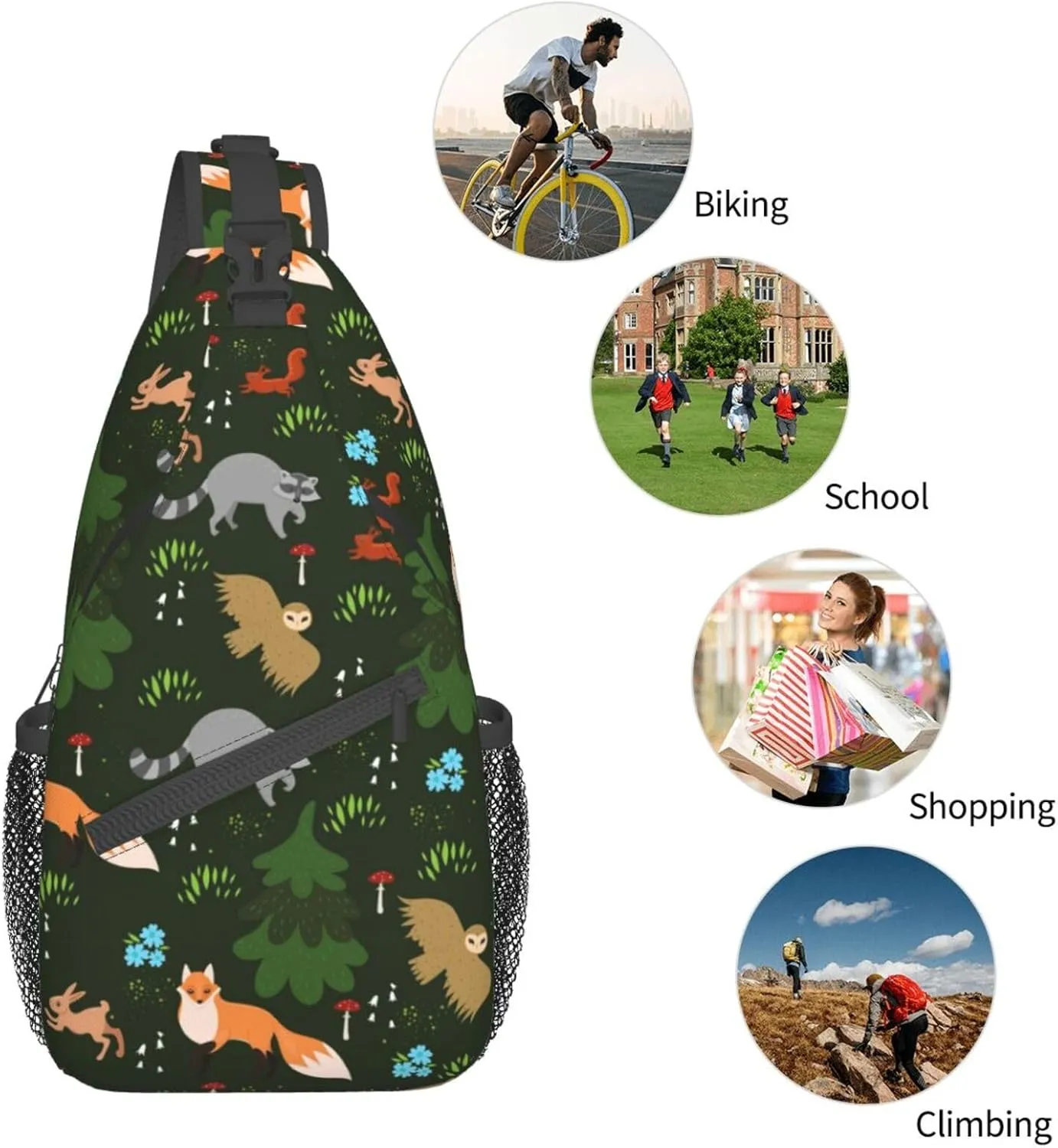 Forest Fox Owl Raccoon Sling Bag for Women Mens Crossbody Backpack Cycling Hiking Daypack Chest Shoulder Bag with Adjustable Strap