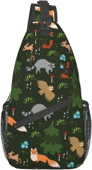 Forest Fox Owl Raccoon Sling Bag for Women Mens Crossbody Backpack Cycling Hiking Daypack Chest Shoulder Bag with Adjustable Strap