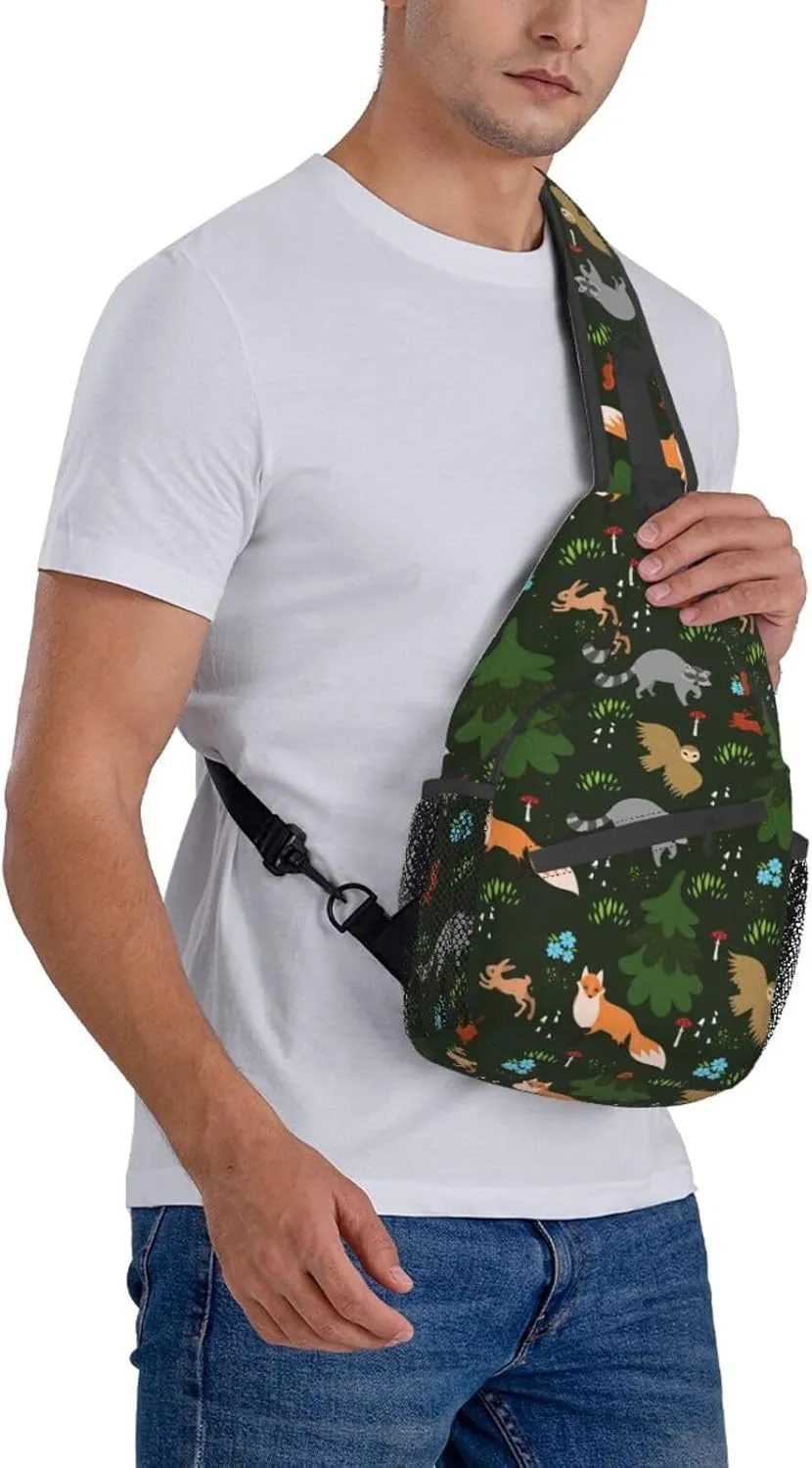 Forest Fox Owl Raccoon Sling Bag for Women Mens Crossbody Backpack Cycling Hiking Daypack Chest Shoulder Bag with Adjustable Strap