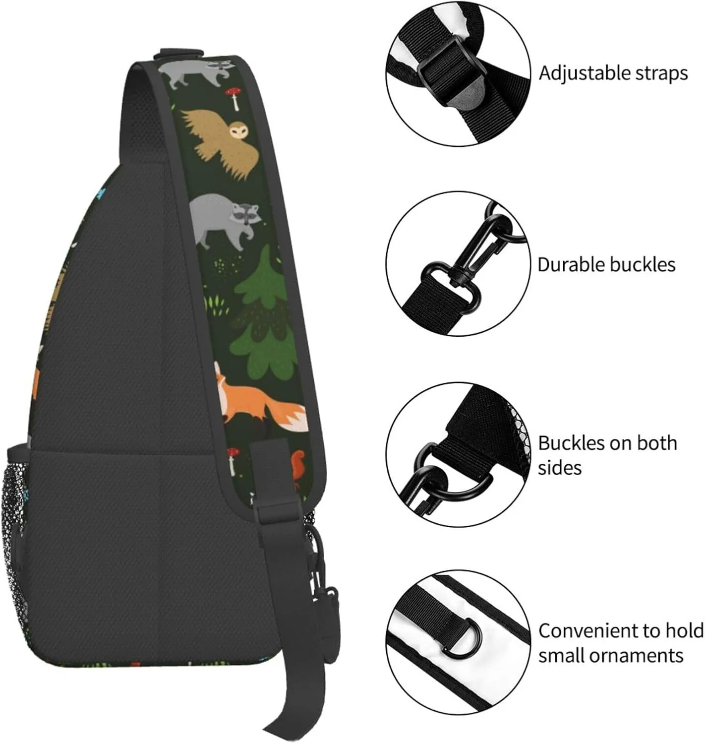 Forest Fox Owl Raccoon Sling Bag for Women Mens Crossbody Backpack Cycling Hiking Daypack Chest Shoulder Bag with Adjustable Strap
