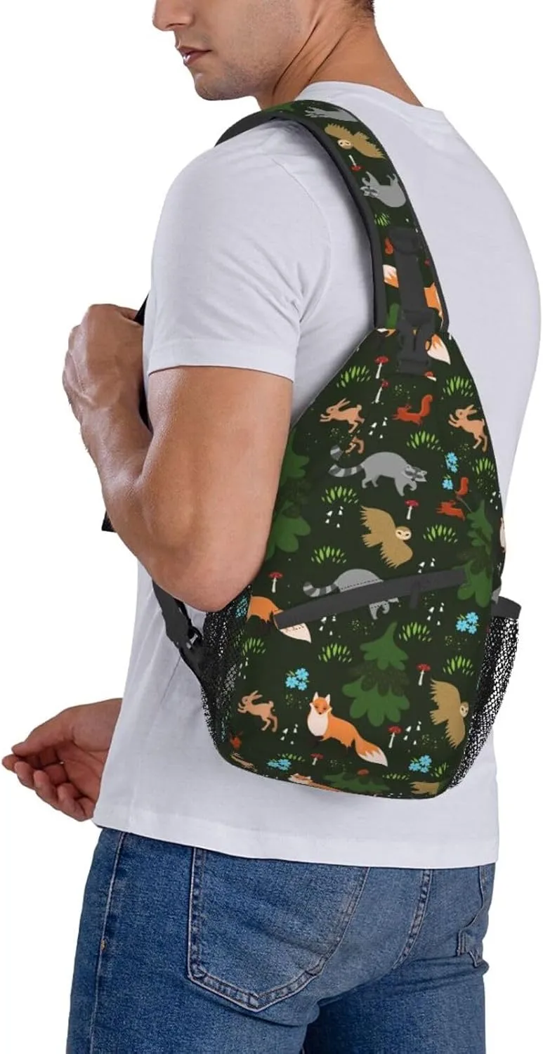 Forest Fox Owl Raccoon Sling Bag for Women Mens Crossbody Backpack Cycling Hiking Daypack Chest Shoulder Bag with Adjustable Strap