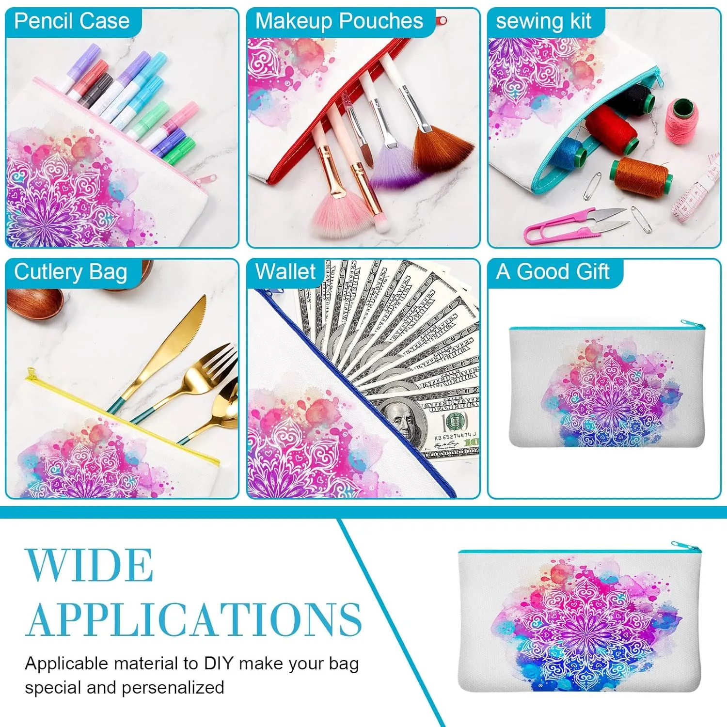 Frienda 50 Pcs Sublimation Blank Canvas Makeup Bags Bulk DIY Heat Transfer Canvas Pen Case Pencil Cosmetic Makeup Bags Clear Sublimation Blank Pouch with Zipper (7 x 4.3 Inch,Mixed Colors)