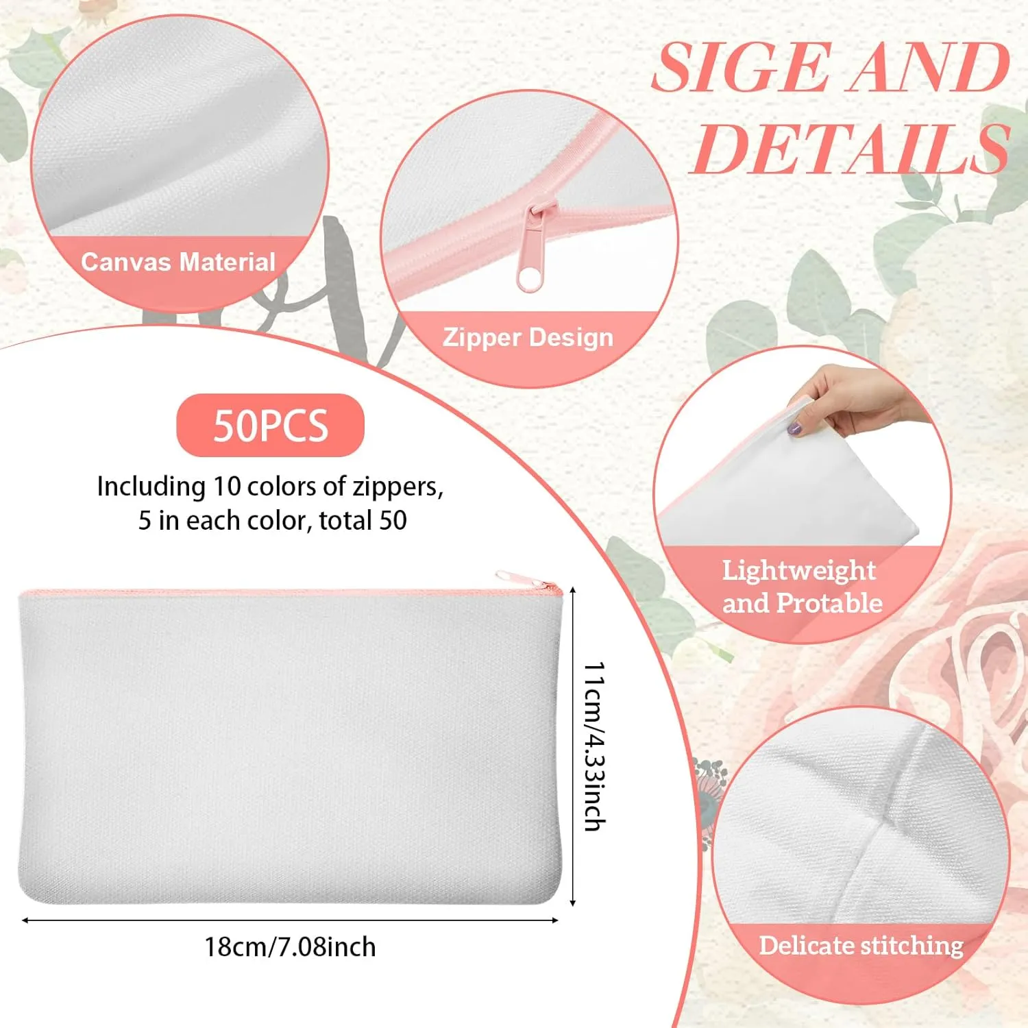 Frienda 50 Pcs Sublimation Blank Canvas Makeup Bags Bulk DIY Heat Transfer Canvas Pen Case Pencil Cosmetic Makeup Bags Clear Sublimation Blank Pouch with Zipper (7 x 4.3 Inch,Mixed Colors)