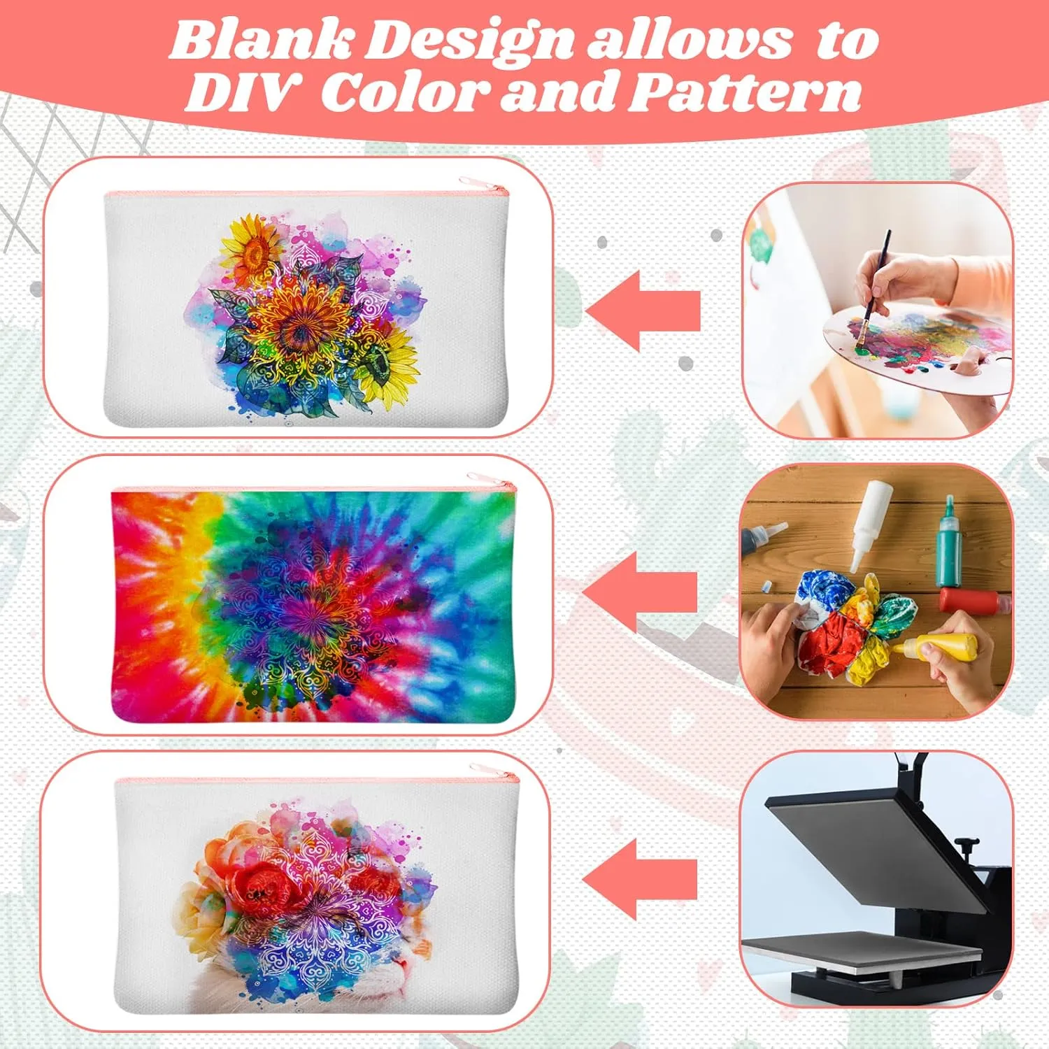 Frienda 50 Pcs Sublimation Blank Canvas Makeup Bags Bulk DIY Heat Transfer Canvas Pen Case Pencil Cosmetic Makeup Bags Clear Sublimation Blank Pouch with Zipper (7 x 4.3 Inch,Mixed Colors)