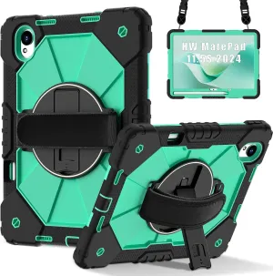 Full Protective Case Compatible with Huawei MatePad 11.5S 2024 Shockproof Kids Case,[Kickstand] [Shoulder Strap] 360 Degree Rotating Hand Strap Stand Bracket Heavy Duty Rugged Cover(Black Mint Green)