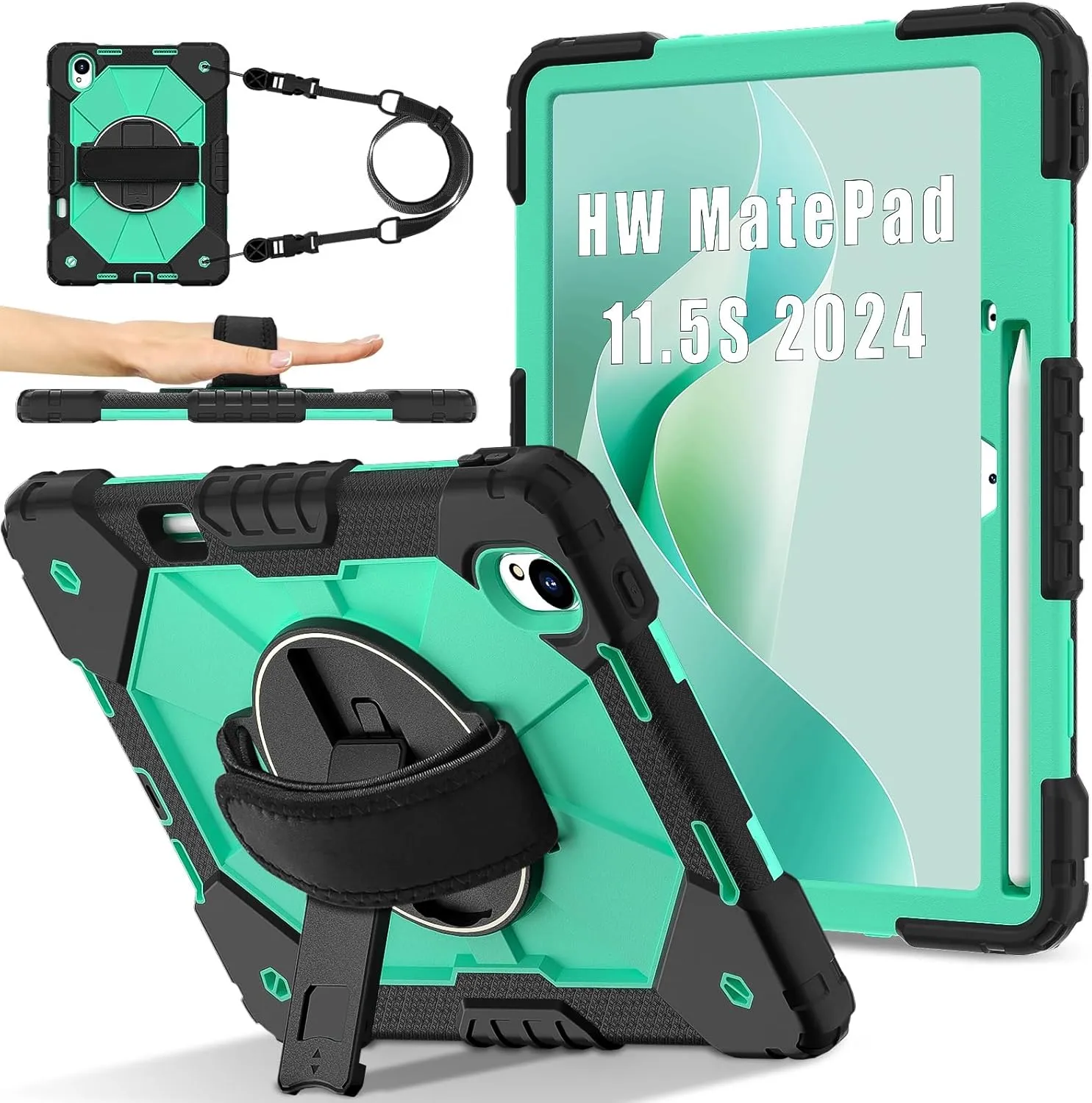 Full Protective Case Compatible with Huawei MatePad 11.5S 2024 Shockproof Kids Case,[Kickstand] [Shoulder Strap] 360 Degree Rotating Hand Strap Stand Bracket Heavy Duty Rugged Cover(Black Mint Green)