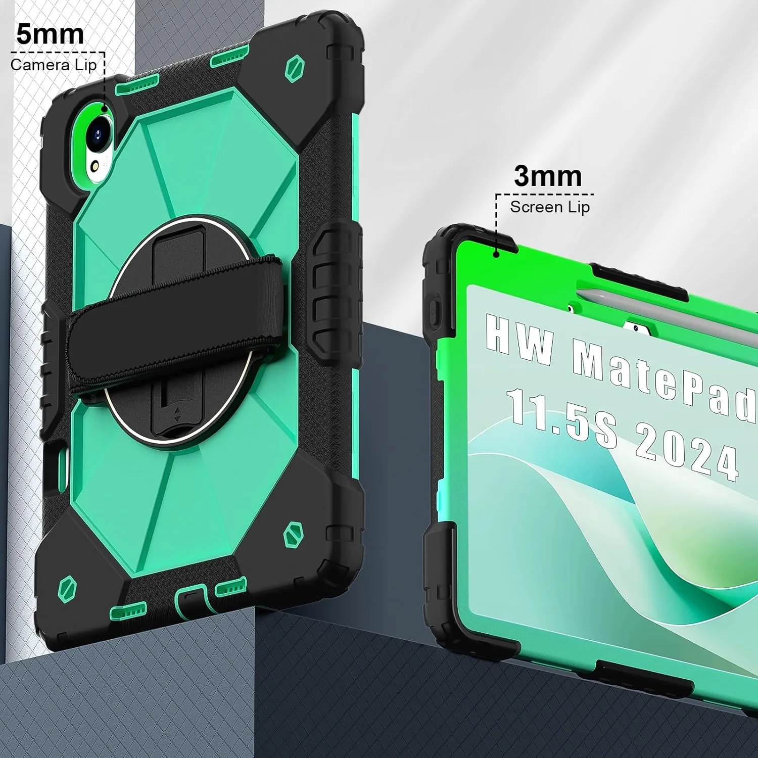 Full Protective Case Compatible with Huawei MatePad 11.5S 2024 Shockproof Kids Case,[Kickstand] [Shoulder Strap] 360 Degree Rotating Hand Strap Stand Bracket Heavy Duty Rugged Cover(Black Mint Green)
