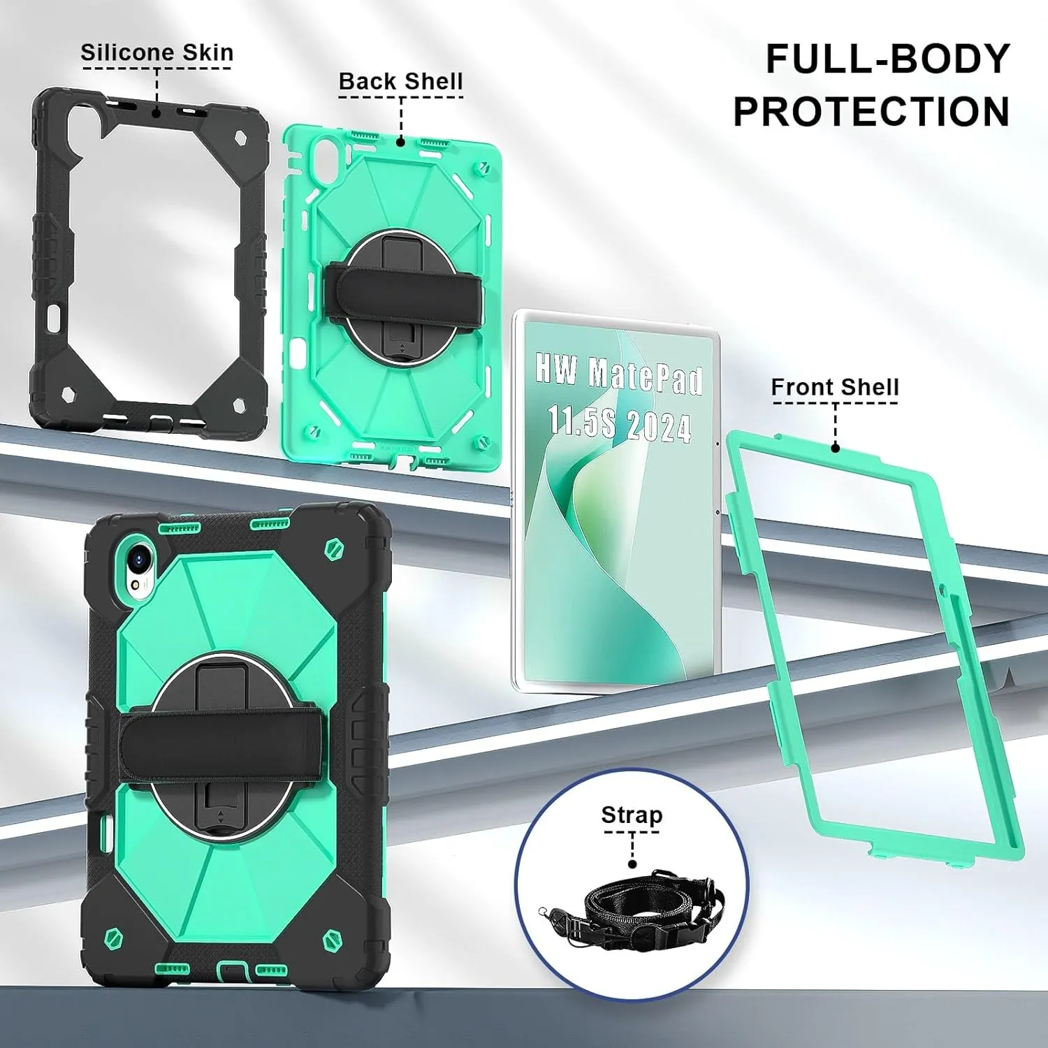 Full Protective Case Compatible with Huawei MatePad 11.5S 2024 Shockproof Kids Case,[Kickstand] [Shoulder Strap] 360 Degree Rotating Hand Strap Stand Bracket Heavy Duty Rugged Cover(Black Mint Green)