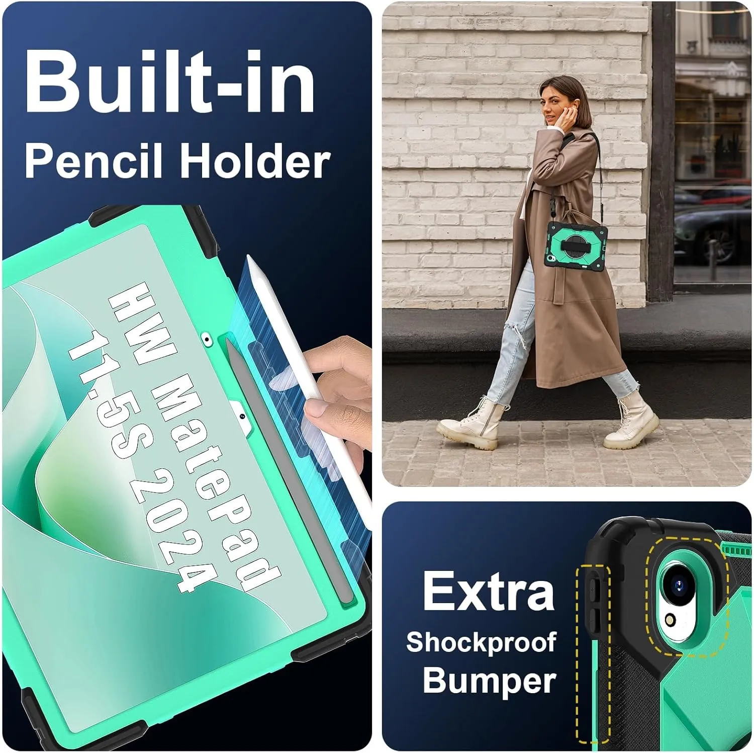 Full Protective Case Compatible with Huawei MatePad 11.5S 2024 Shockproof Kids Case,[Kickstand] [Shoulder Strap] 360 Degree Rotating Hand Strap Stand Bracket Heavy Duty Rugged Cover(Black Mint Green)