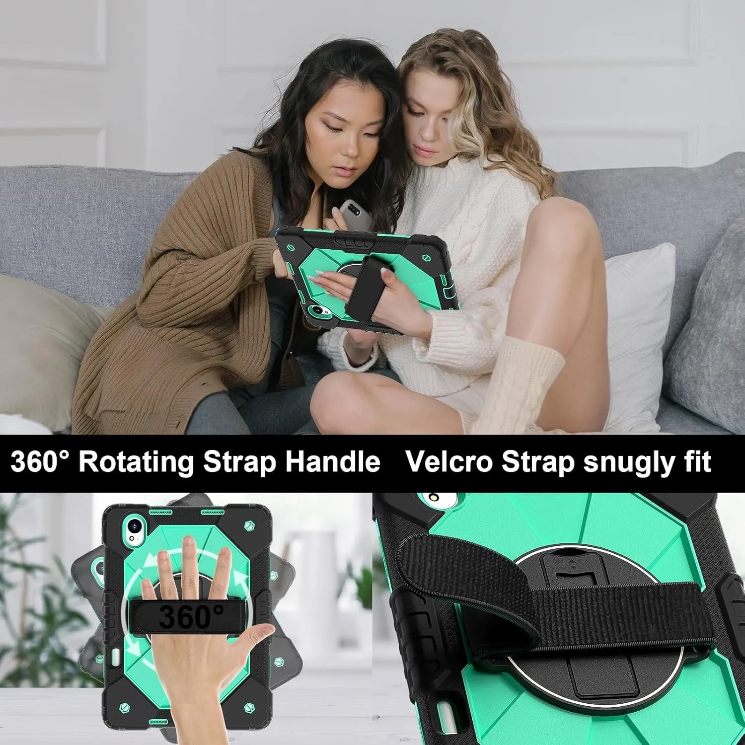 Full Protective Case Compatible with Huawei MatePad 11.5S 2024 Shockproof Kids Case,[Kickstand] [Shoulder Strap] 360 Degree Rotating Hand Strap Stand Bracket Heavy Duty Rugged Cover(Black Mint Green)