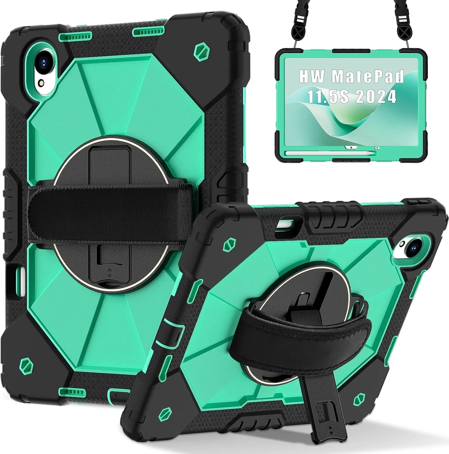 Full Protective Case Compatible with Huawei MatePad 11.5S 2024 Shockproof Kids Case,[Kickstand] [Shoulder Strap] 360 Degree Rotating Hand Strap Stand Bracket Heavy Duty Rugged Cover(Black Mint Green)