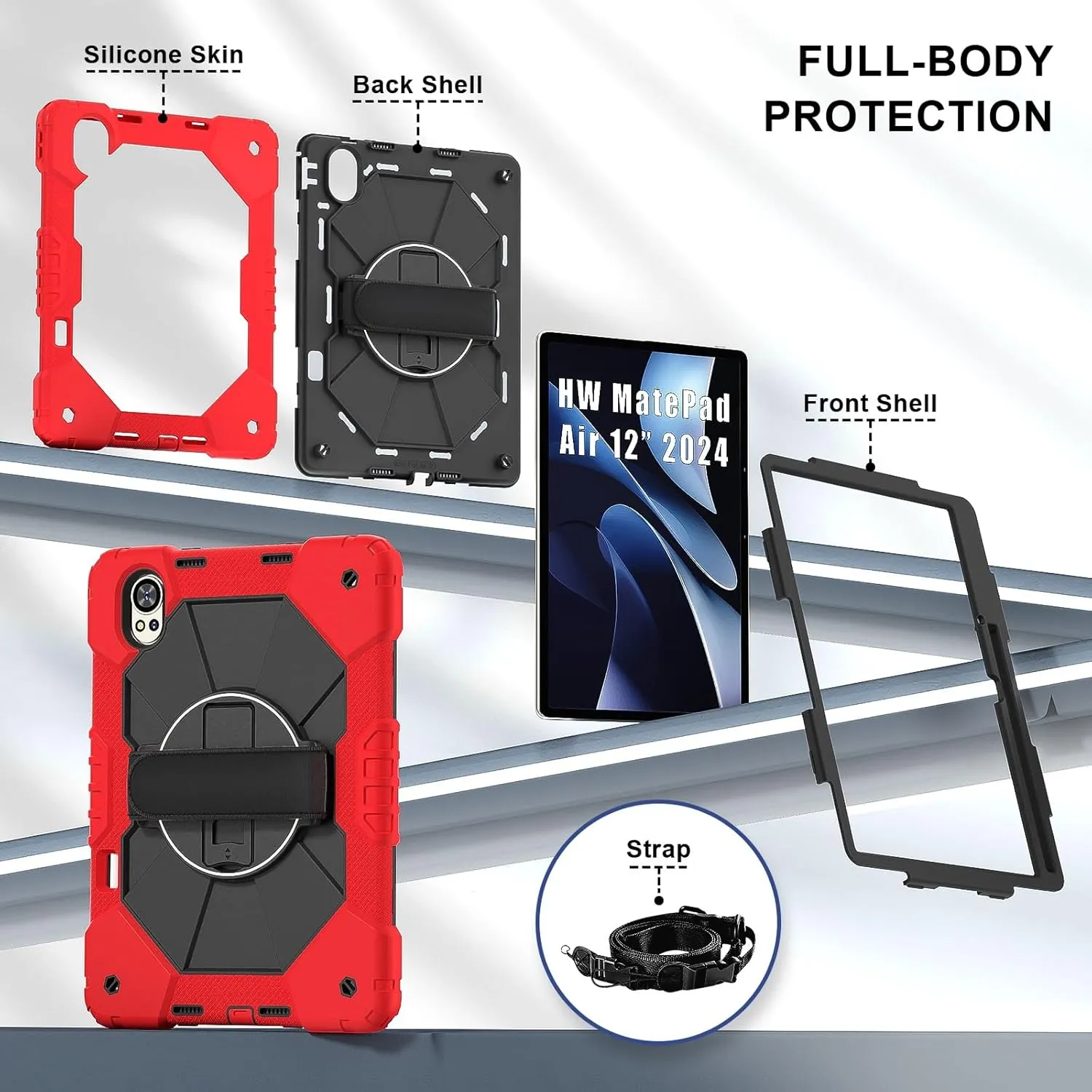 Full Protective Case Compatible with Huawei MatePad Air 12 inch 2024 Shockproof Kids Case,[Kickstand] [Shoulder Strap] 360 Degree Rotating Hand Strap Stand Bracket Heavy Duty Rugged Cover(Vermelho)