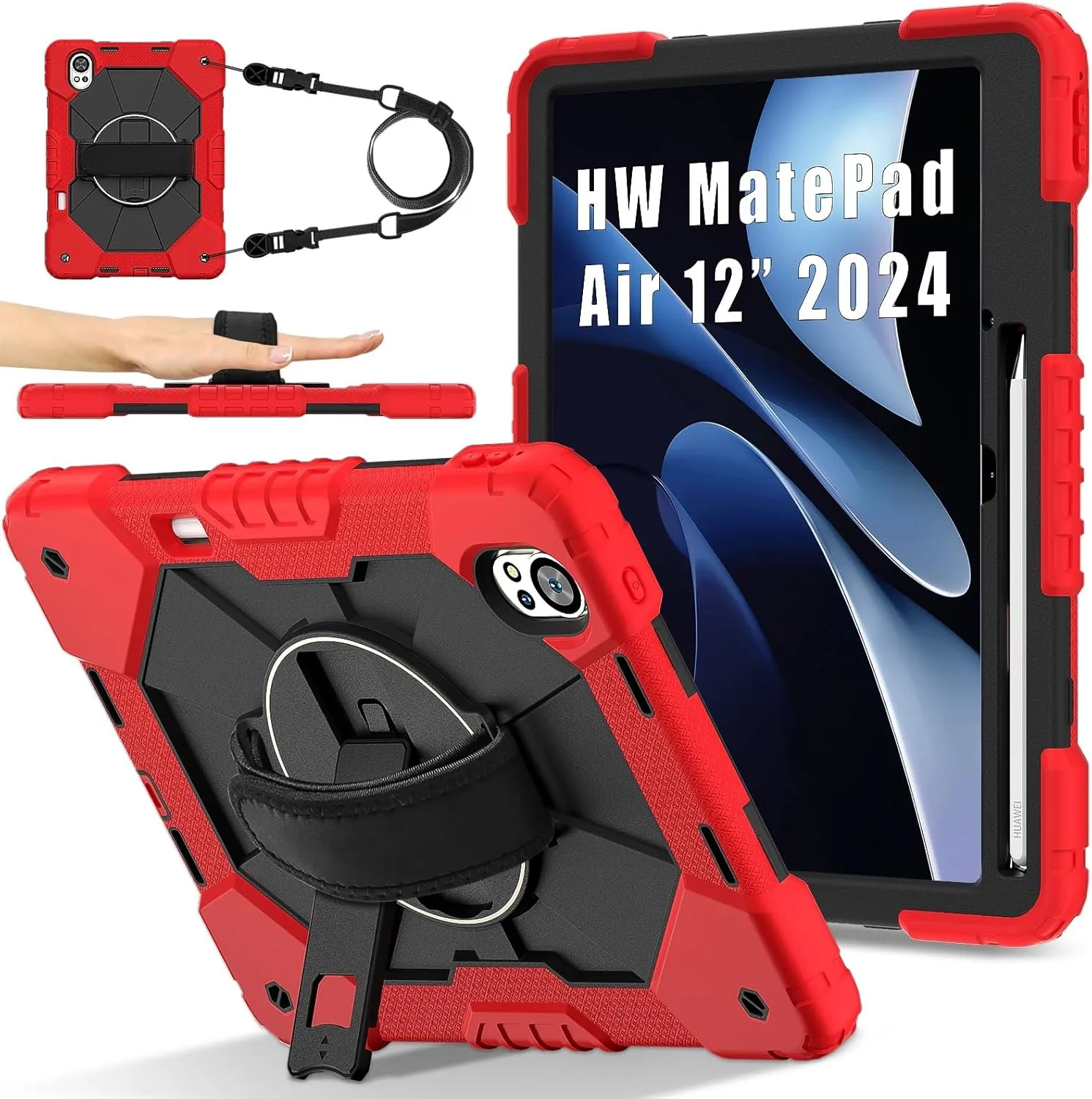 Full Protective Case Compatible with Huawei MatePad Air 12 inch 2024 Shockproof Kids Case,[Kickstand] [Shoulder Strap] 360 Degree Rotating Hand Strap Stand Bracket Heavy Duty Rugged Cover(Vermelho)