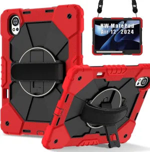 Full Protective Case Compatible with Huawei MatePad Air 12 inch 2024 Shockproof Kids Case,[Kickstand] [Shoulder Strap] 360 Degree Rotating Hand Strap Stand Bracket Heavy Duty Rugged Cover(Vermelho)